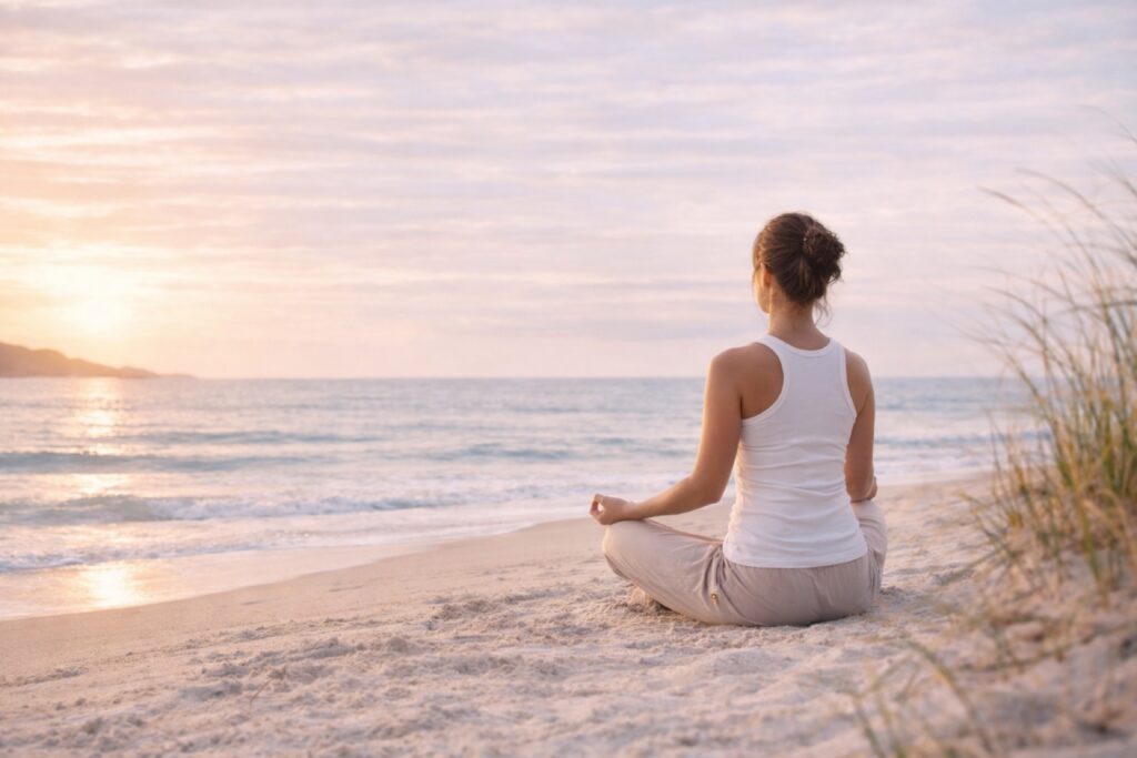 Femme méditant dans un cadre naturel, entourée de verdure.