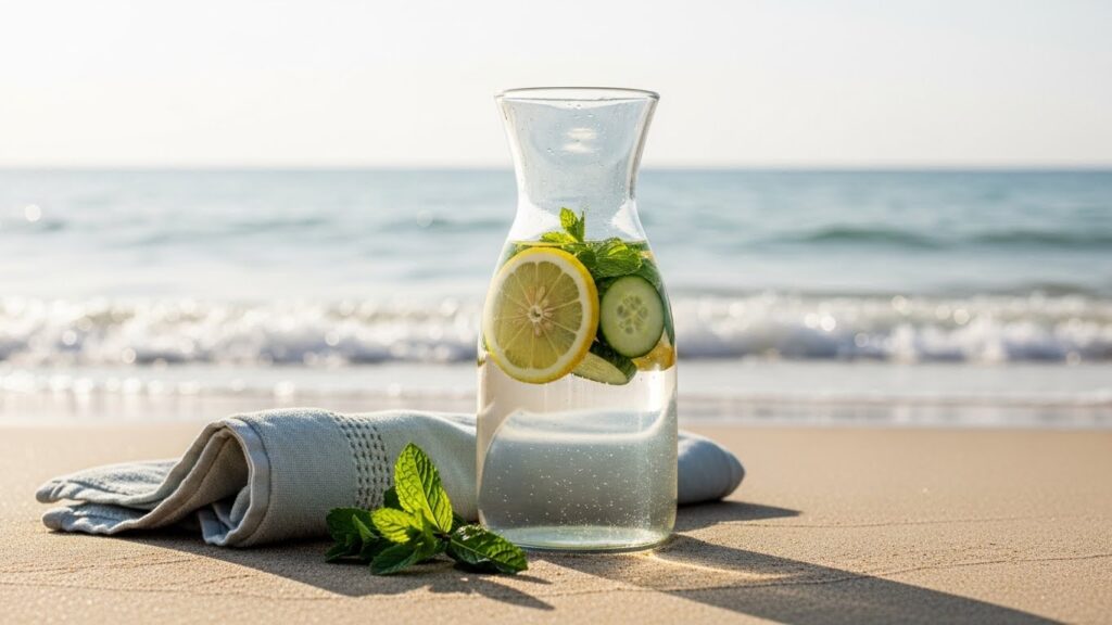 Image représentant une infusion de plantes avec des fruits frais sur une table en bois.