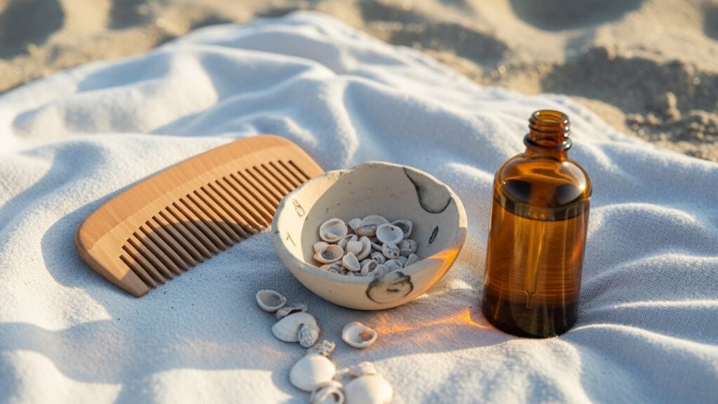 Image représentant des produits naturels de soin pour la peau et les cheveux.