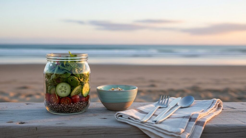 Image de plats sains et équilibrés présentés sur une table, mettant en avant des ingrédients naturels et colorés.