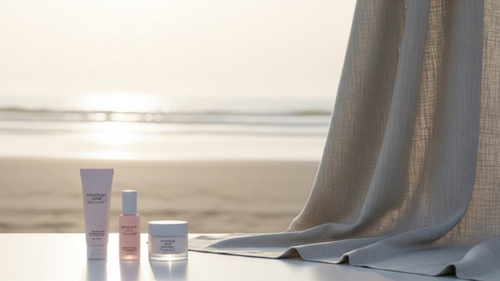 Image représentant une routine de soins de beauté naturelle avec des produits de soins sur une table en bois.