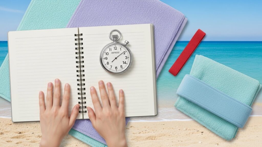 Image représentant des éléments de bien-être féminin incluant des aliments sains, des accessoires de méditation et des activités de mouvement doux.