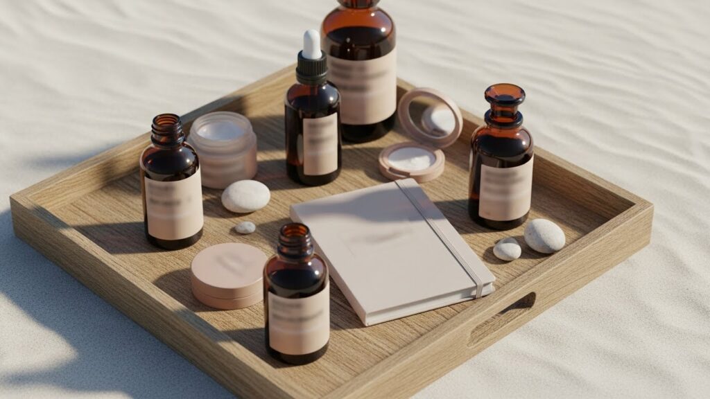 Image illustrant des soins naturels et doux pour le bien-être féminin, montrant des produits de beauté et de santé sur une table.