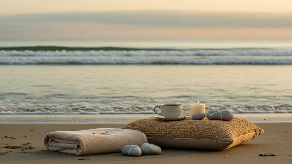 Image représentant un espace de détente avec des coussins moelleux et une lumière douce, évoquant la sérénité.