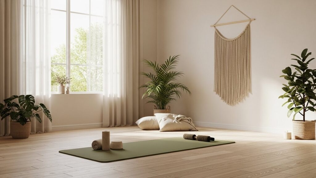 Image illustrant des éléments de bien-être féminin avec des aliments sains et des mouvements doux.