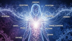 Illustration d'un corps féminin avec des hormones et des connexions énergétiques.
