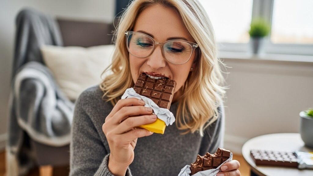 Femme dégustant une barre de chocolat dans un environnement confortable.