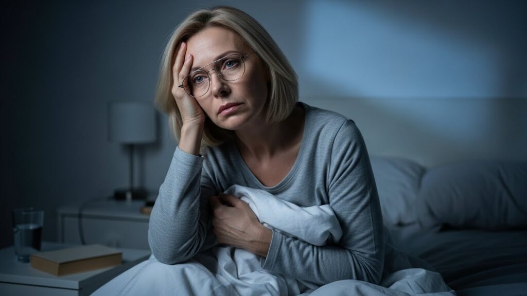 Femme assise dans un lit, regard pensif, ambiance nocturne, portant un pull gris, tenant une couverture.