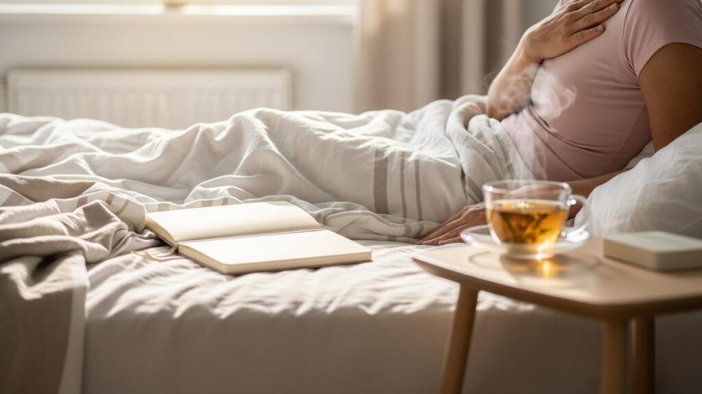 Femme pratiquant des mouvements doux pour le bien-être sur un tapis de yoga.
