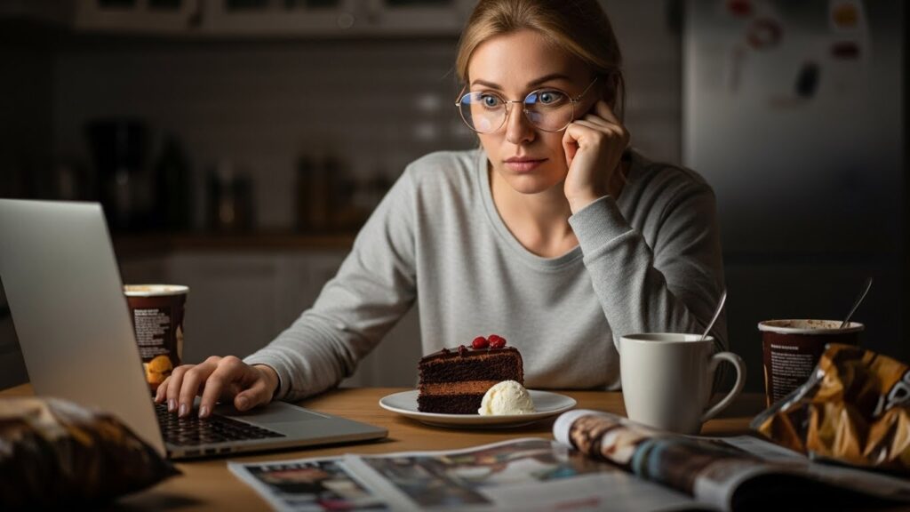 Une femme regardant son ordinateur avec un gâteau au chocolat et une tasse de café sur la table.