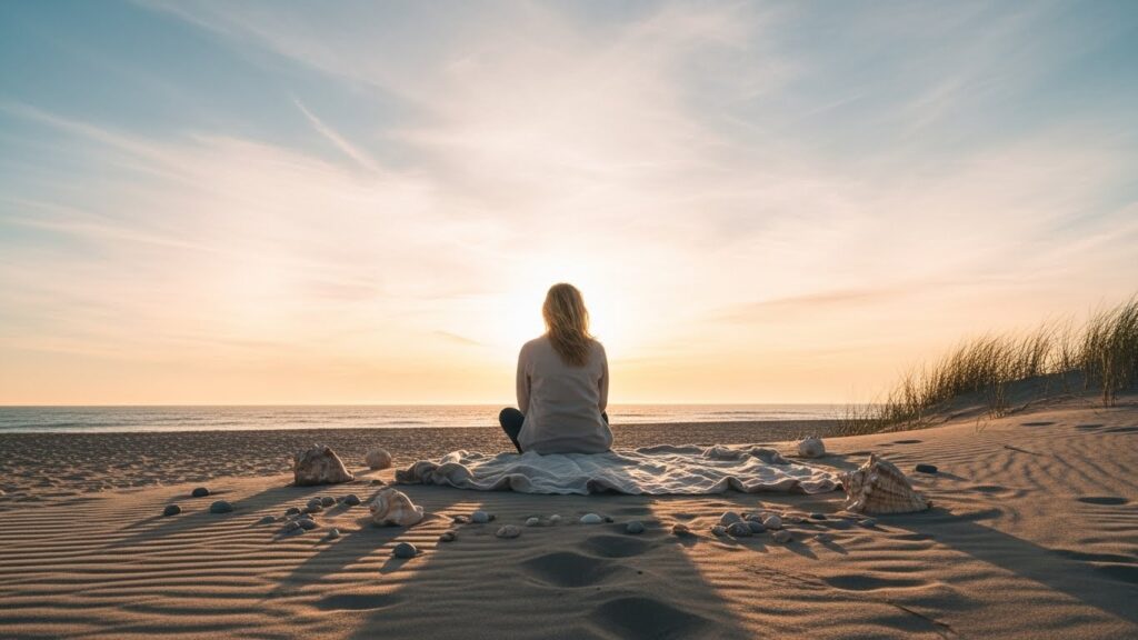 Image représentant une femme méditant dans un environnement naturel apaisant.