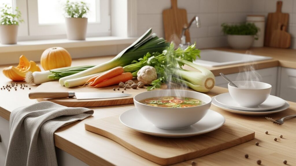 Image représentant des ingrédients naturels pour une alimentation saine, incluant des légumes frais, des fruits et des herbes.