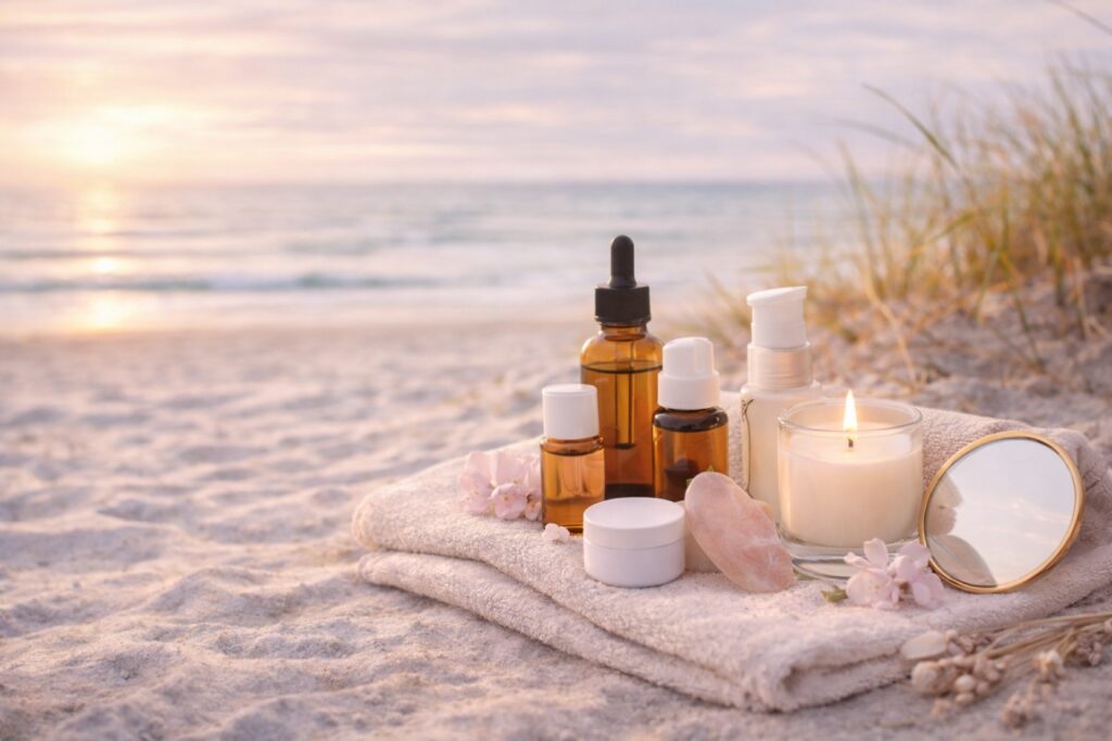 Femme méditant dans un environnement serein, entourée de plantes.