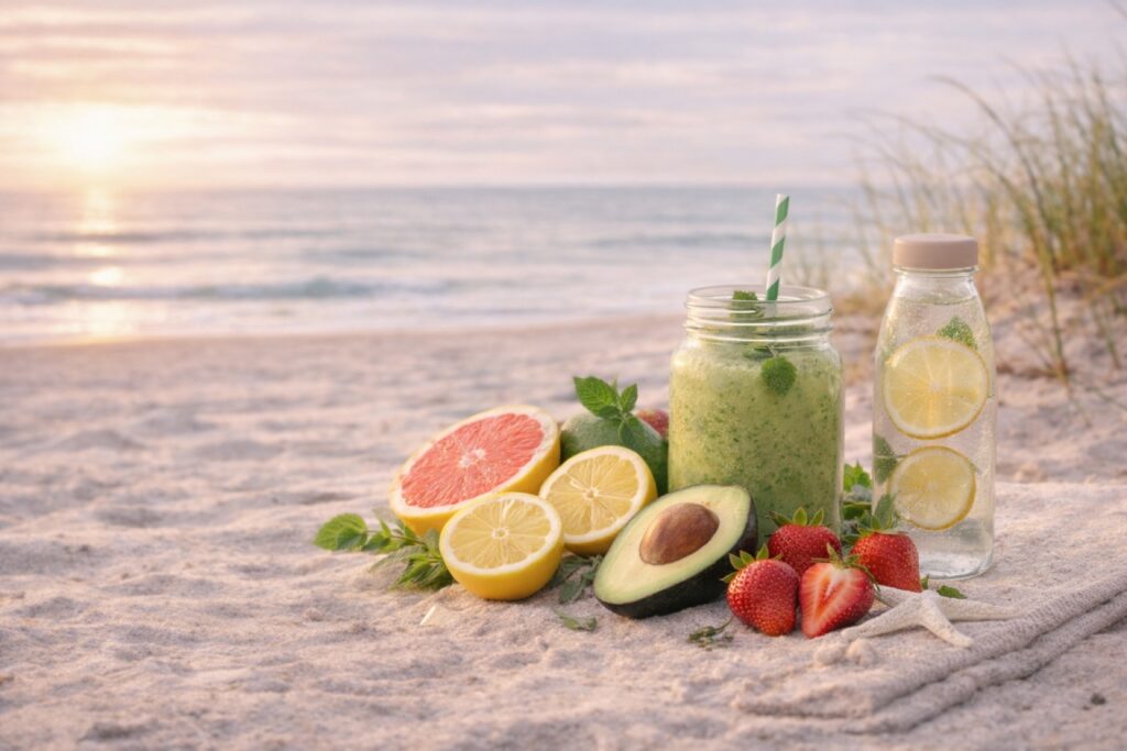 Image d'une boisson detox dans un verre avec des fruits et des herbes.
