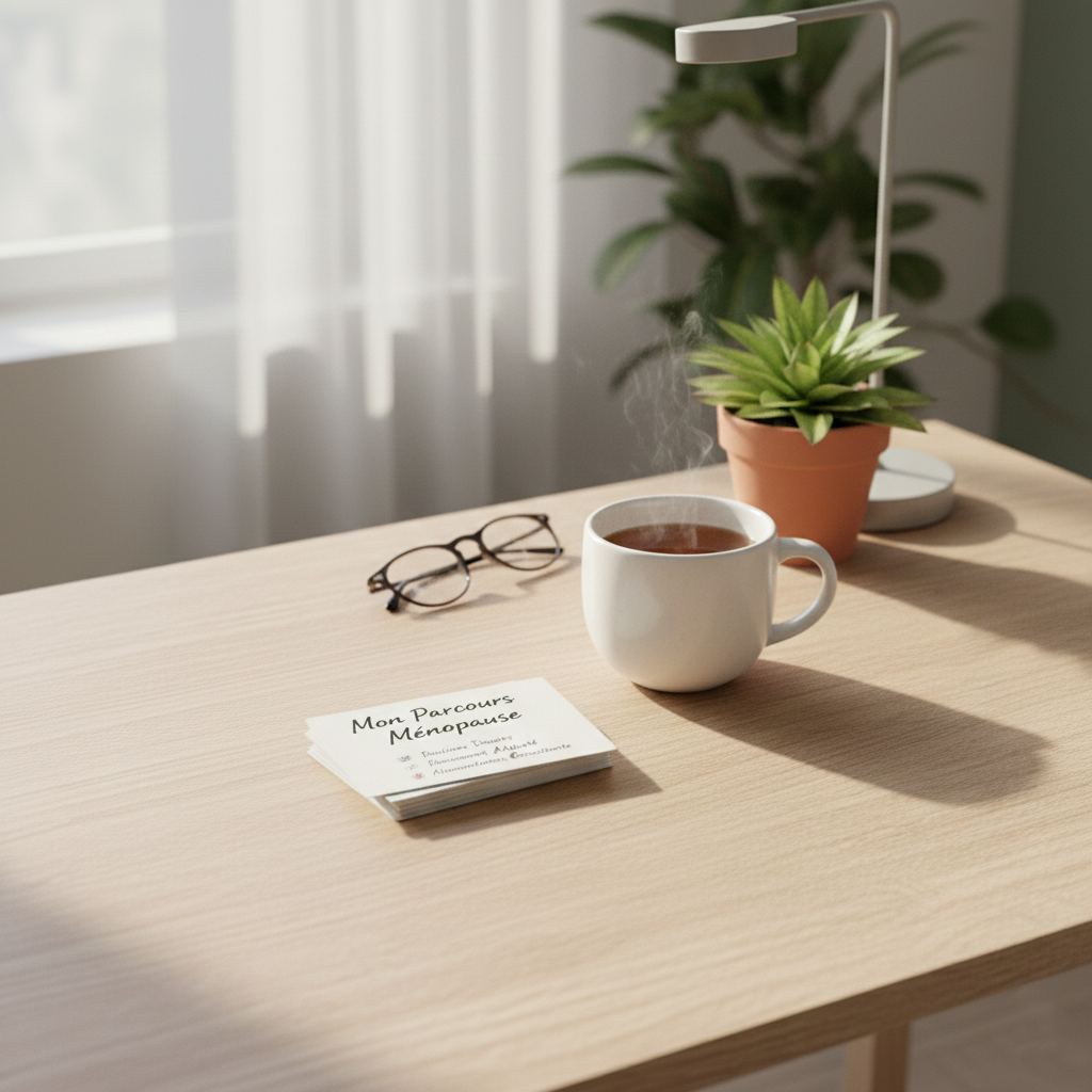Une tasse de thé fumante, des lunettes et des cartes sur une table en bois.