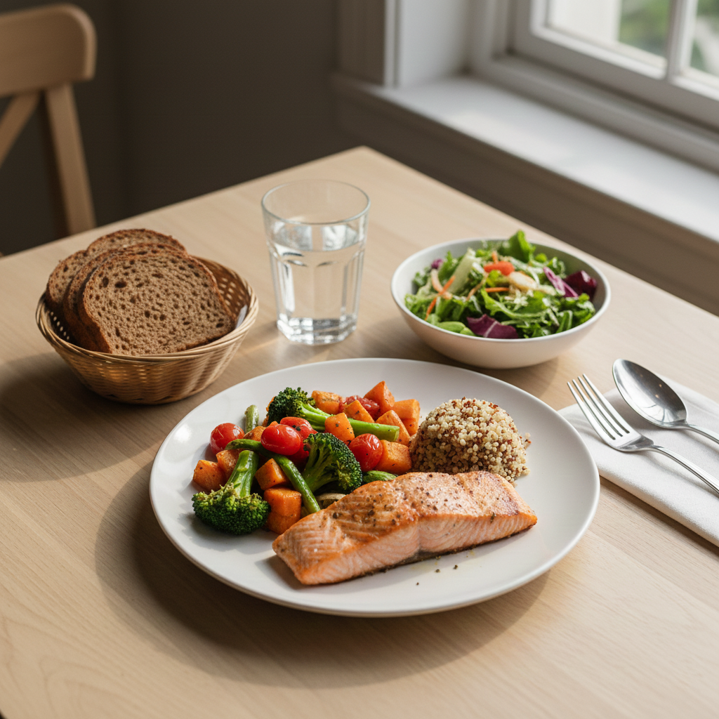 Un repas équilibré composé de saumon, légumes, quinoa et pain complet sur une table en bois.
