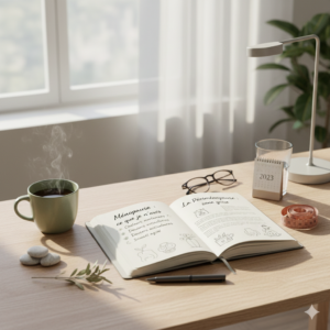 Image représentant une femme méditant dans un environnement naturel apaisant.