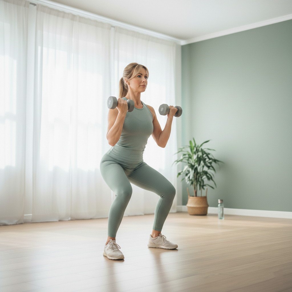 Femme effectuant des squats avec des haltères dans un intérieur lumineux