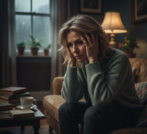 Femme assise sur un canapé, les mains sur la tête, visiblement préoccupée, avec une tasse de café et des livres à proximité.