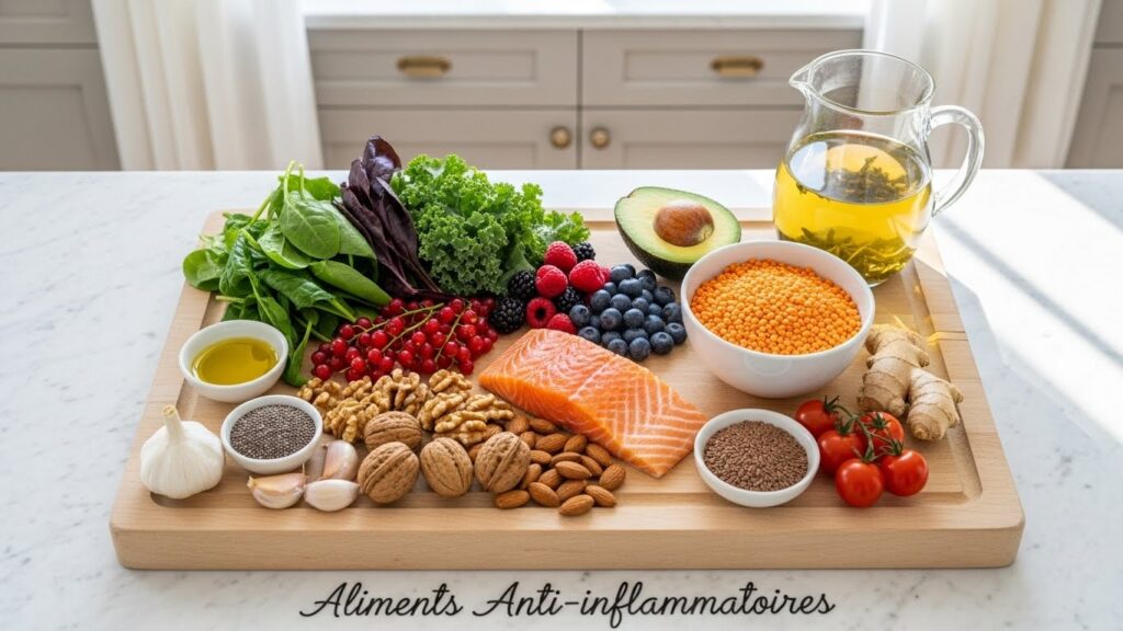 Plateau en bois avec divers aliments anti-inflammatoires incluant des légumes, des fruits, des noix, et des épices, éclairé naturellement.