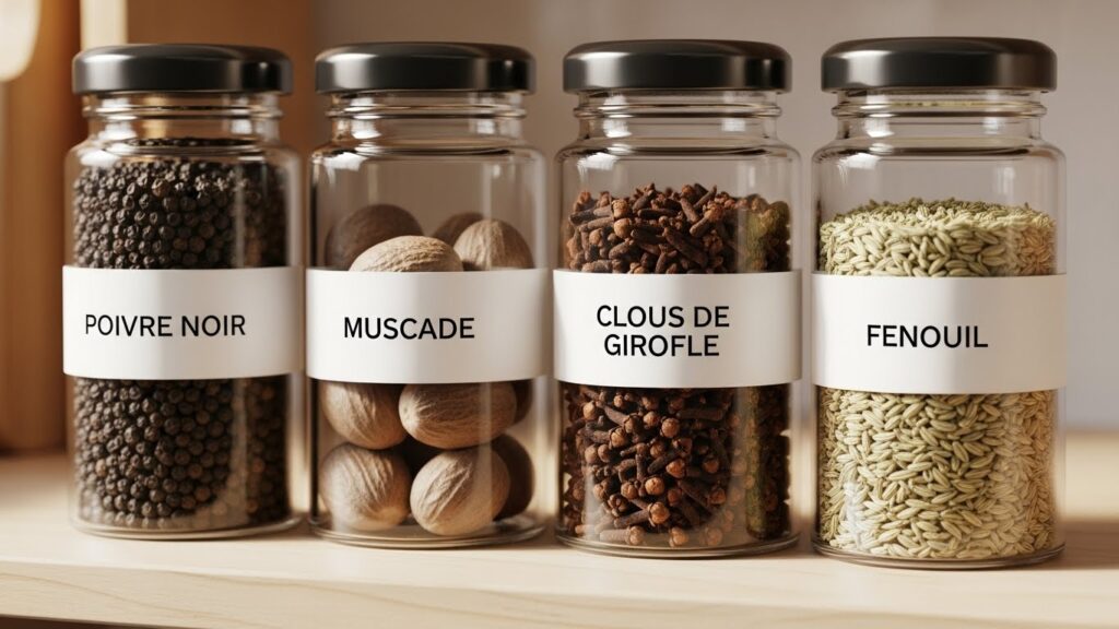 Quatre bocaux en verre contenant des épices : poivre noir, muscade, clous de girofle et fenouil, étiquetés clairement.