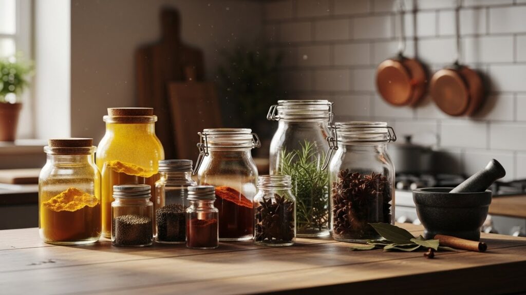 Des bocaux en verre contenant diverses épices sur un plan de travail en bois dans une cuisine.