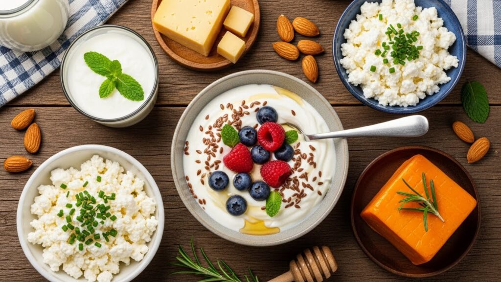 Un assortiment de produits laitiers, fruits et noix sur une table en bois, incluant yaourt, fromage, fruits frais et miel.