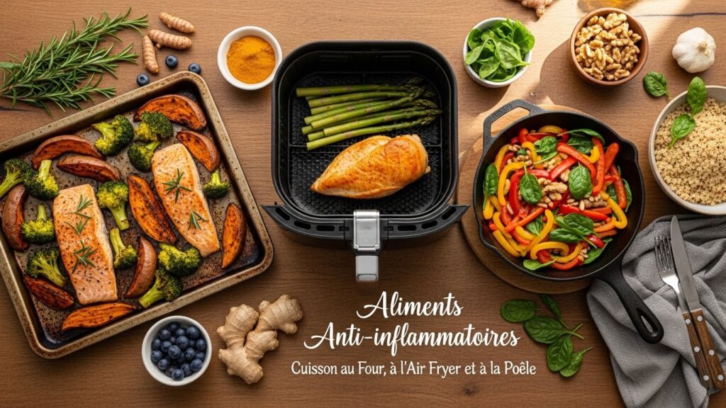 Un plat de saumon rôti avec légumes et épices, accompagné d'un mélange de quinoa et légumes colorés, sur une table en bois.