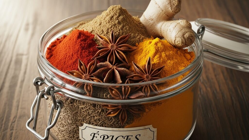 Un bocal en verre rempli de diverses épices comme le curcuma, le paprika et l'anis étoilé, sur une surface en bois.