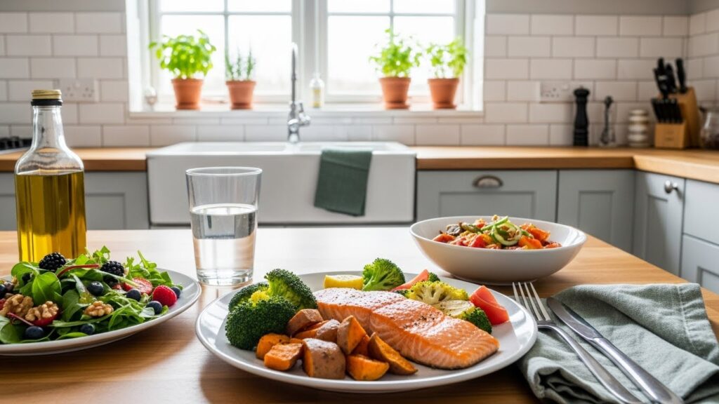 Un repas équilibré comprenant du saumon, des légumes et une salade sur une table en bois dans une cuisine lumineuse.