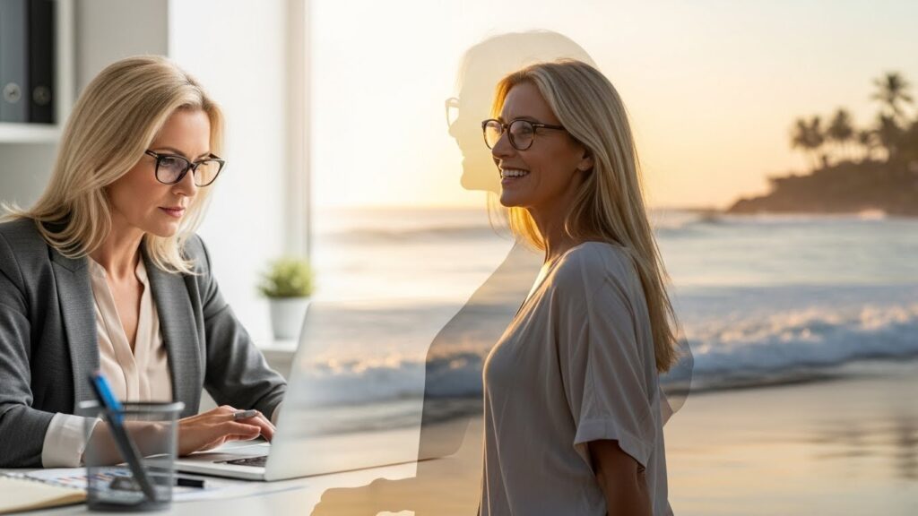 Femme travaillant sur un ordinateur et souriant face à la mer au coucher du soleil.