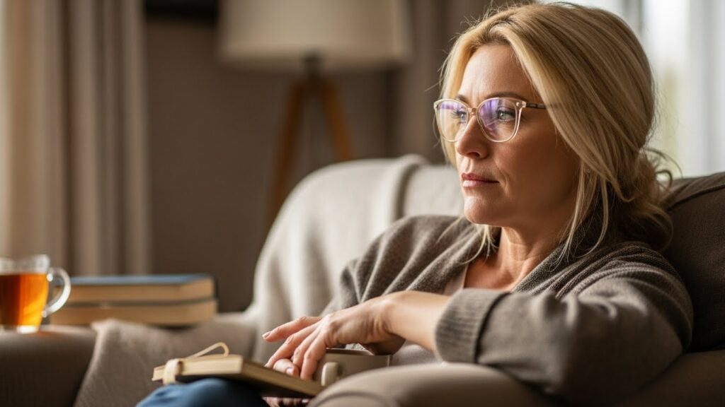 Femme d'âge moyen, portant des lunettes, assise sur un canapé avec une tasse de thé et un livre à la main, regardant pensivement.