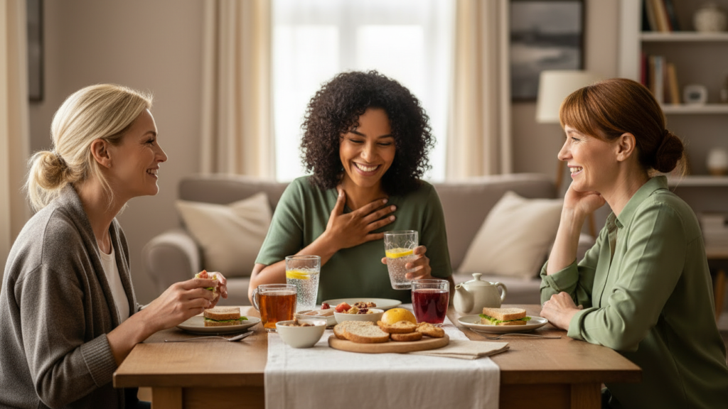Trois femmes souriantes autour d'une table avec des plats sains et des boissons.