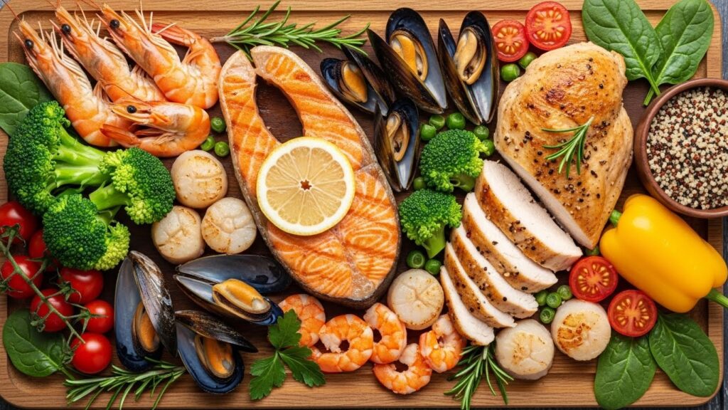 Plateau de fruits de mer, légumes et protéines variés sur une planche en bois.