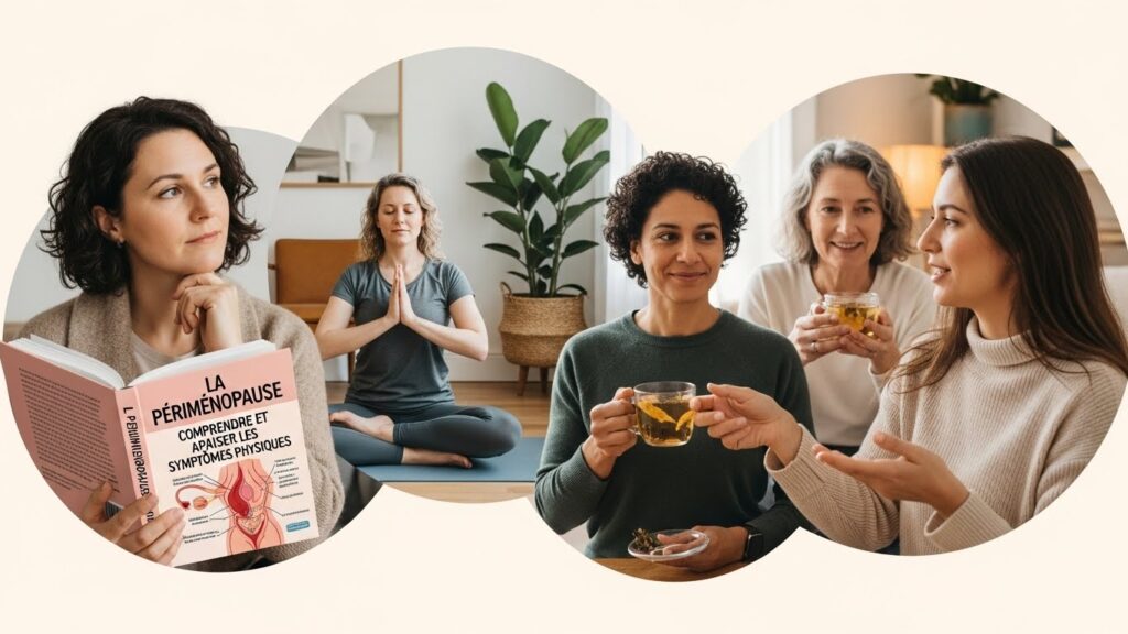 Femme lisant un livre sur la périménopause, trois femmes discutant avec des tasses de thé.