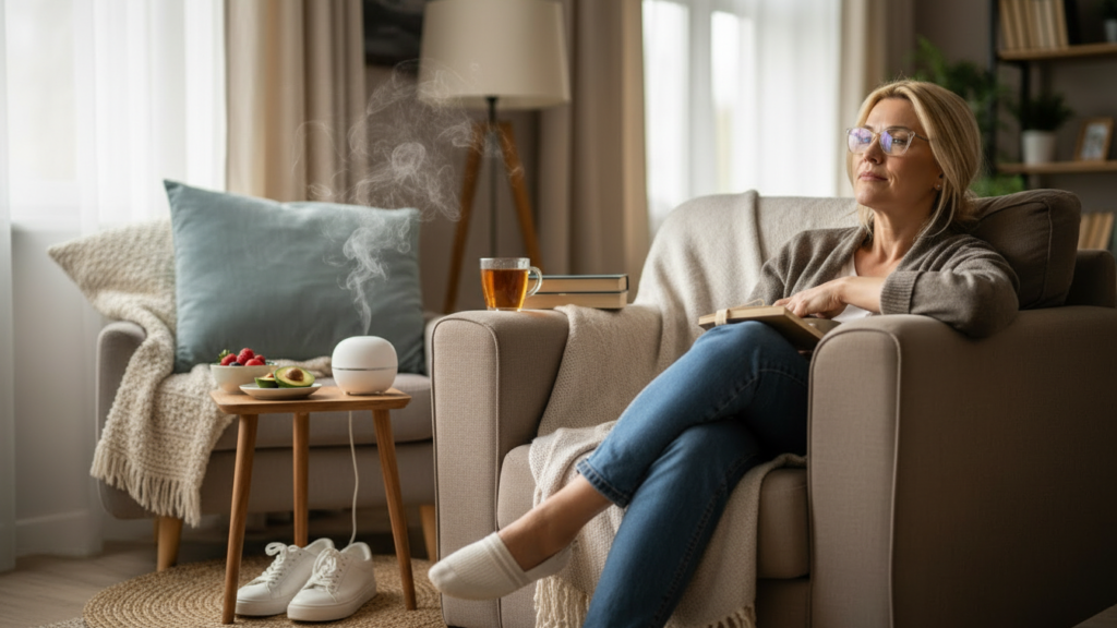 Une femme détendue dans un fauteuil avec un livre, une tasse de thé, un diffuseur et des fruits.