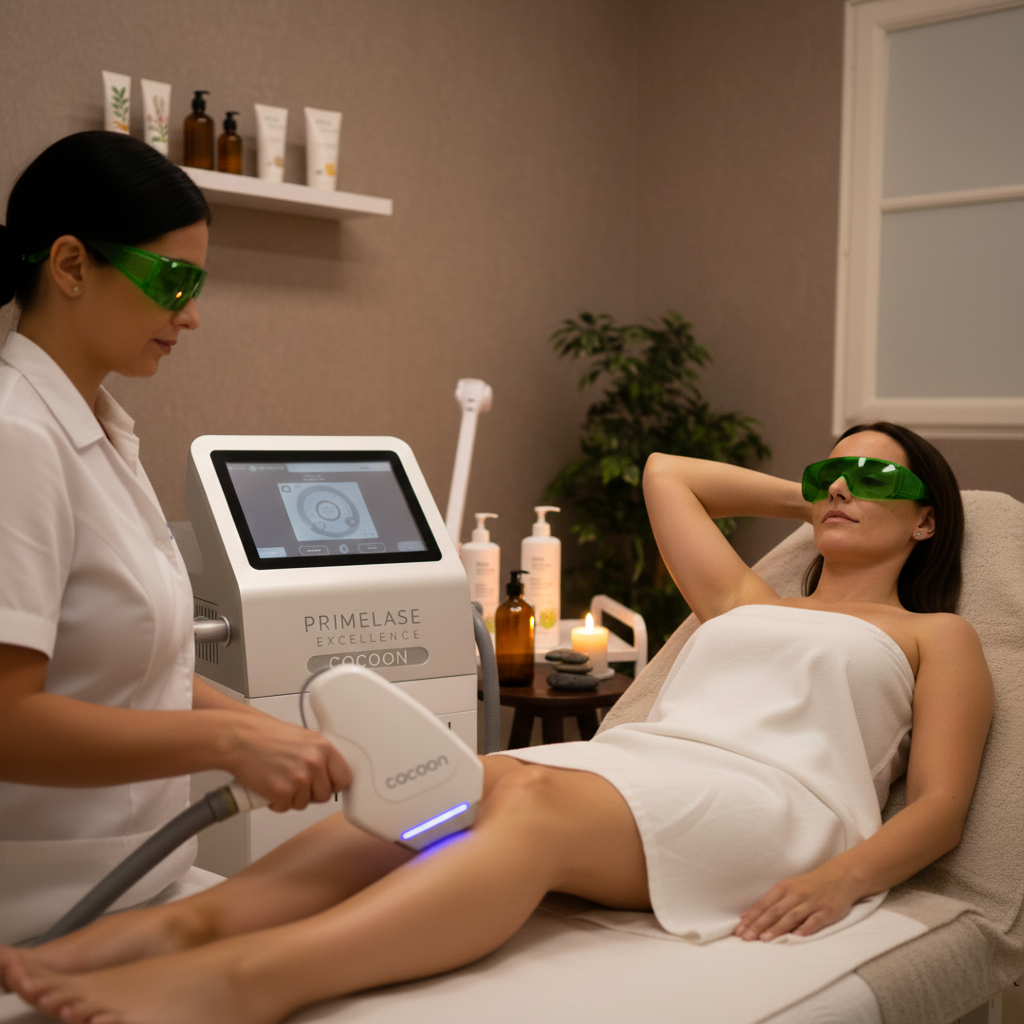 Une esthéticienne effectue une épilation des demi-jambes avec un appareil dans un cadre apaisant.