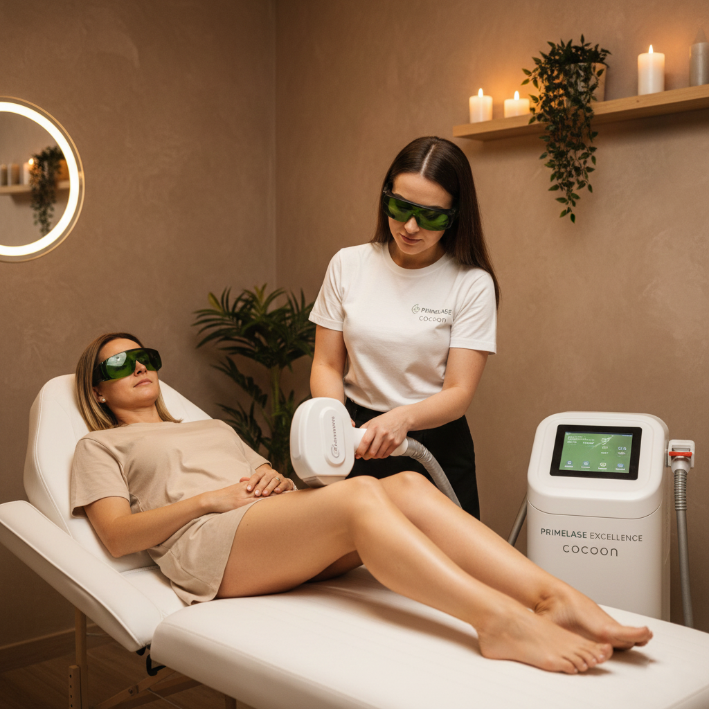 Une femme reçoit un traitement d'épilation au laser dans un salon de beauté, avec une praticienne en blouse et lunettes de protection.