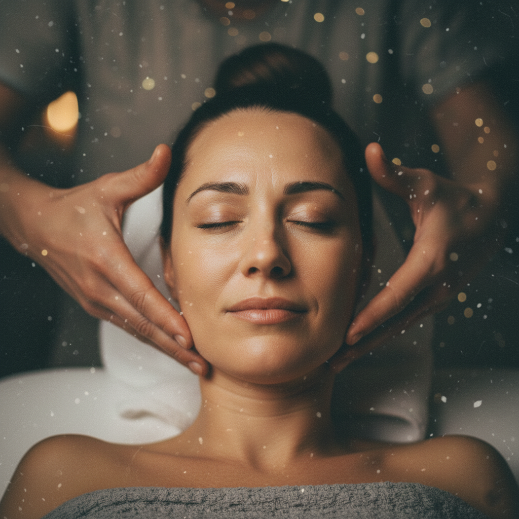 Femme recevant un massage facial Kobido, yeux fermés, ambiance relaxante.
