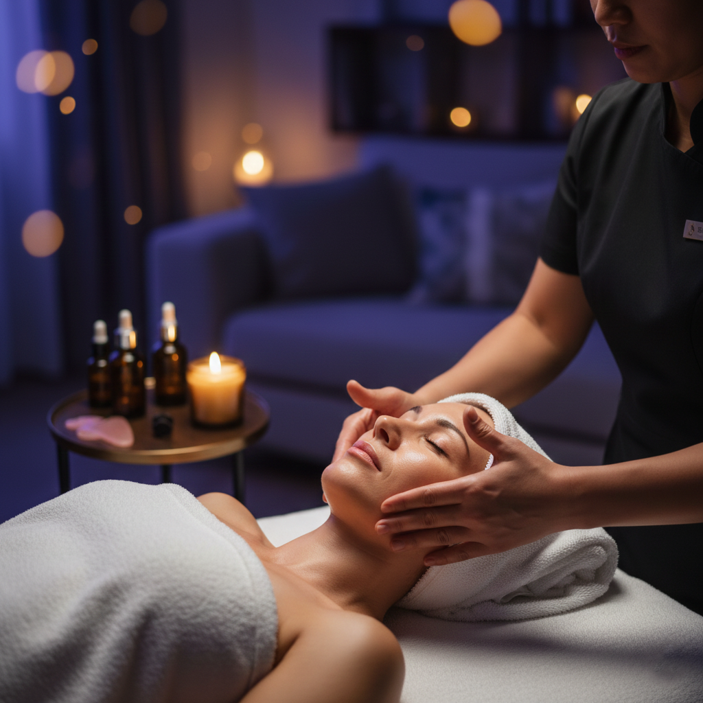 Femme recevant un massage facial par un praticien dans un cadre apaisant avec des bougies et des huiles essentielles.