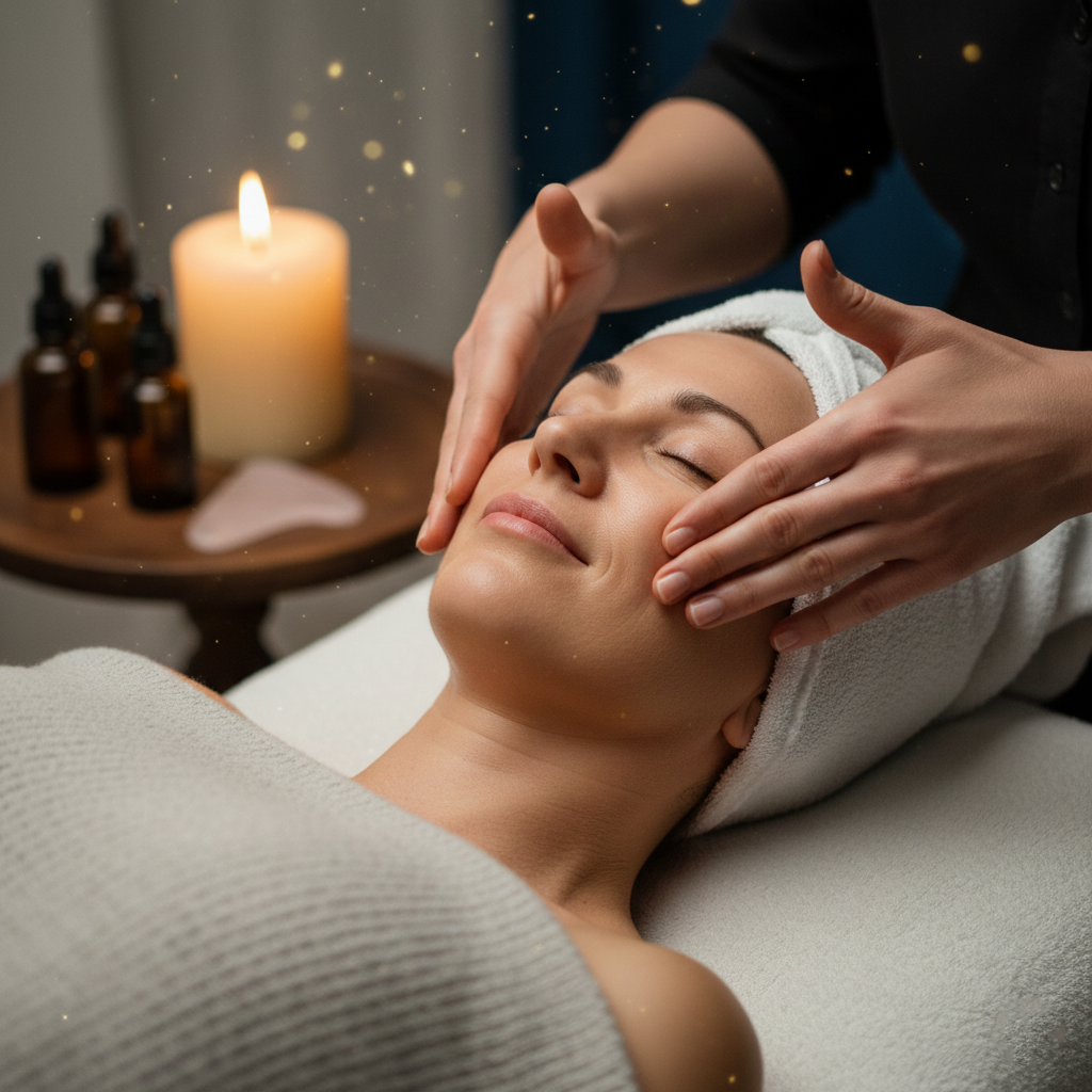 Femme recevant un soin du visage relaxant avec des mains appliquées sur son visage, dans une ambiance douce avec une bougie et des huiles essentielles en arrière-plan.