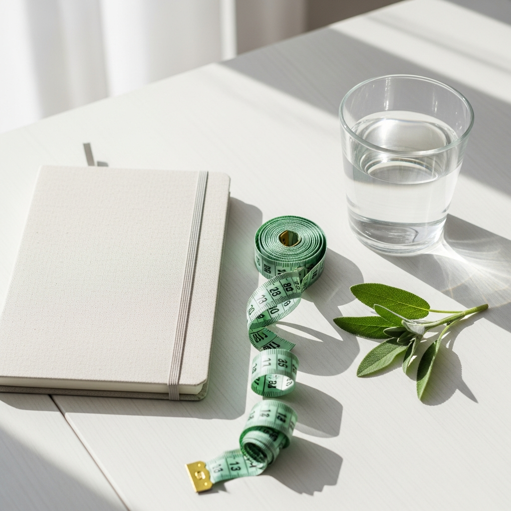 Un carnet, un mètre de couturière, un verre d'eau et une branche d'olive sur une table