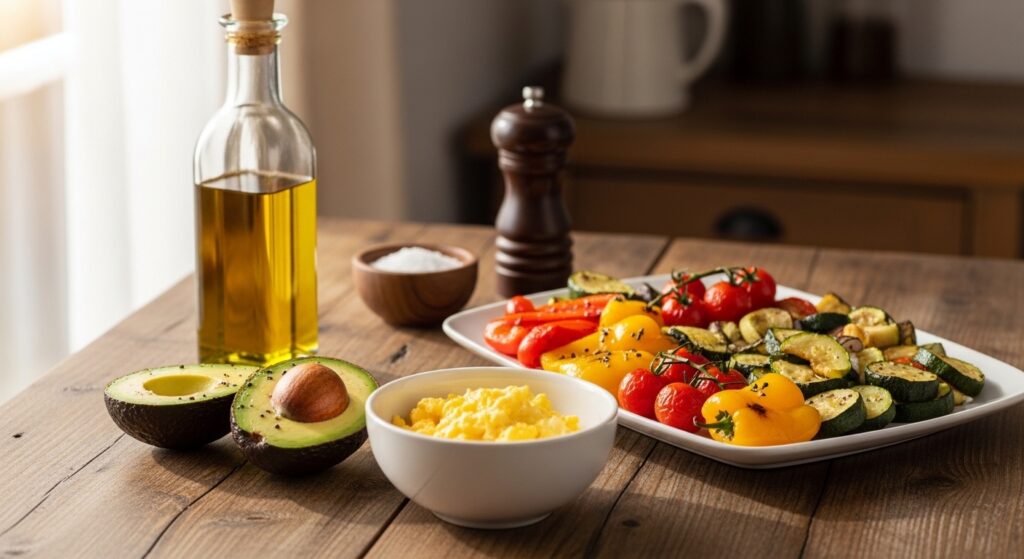 Un plat coloré de légumes grillés, un avocat coupé et un bol d'œufs brouillés sur une table en bois.