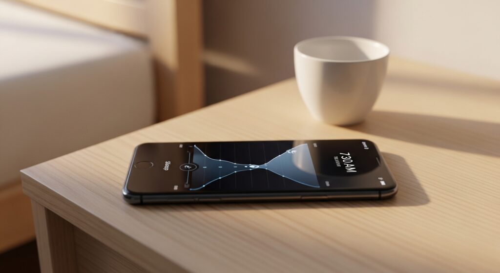 Un smartphone posé sur une table en bois avec une tasse blanche à côté. L'écran montre une interface d'application.