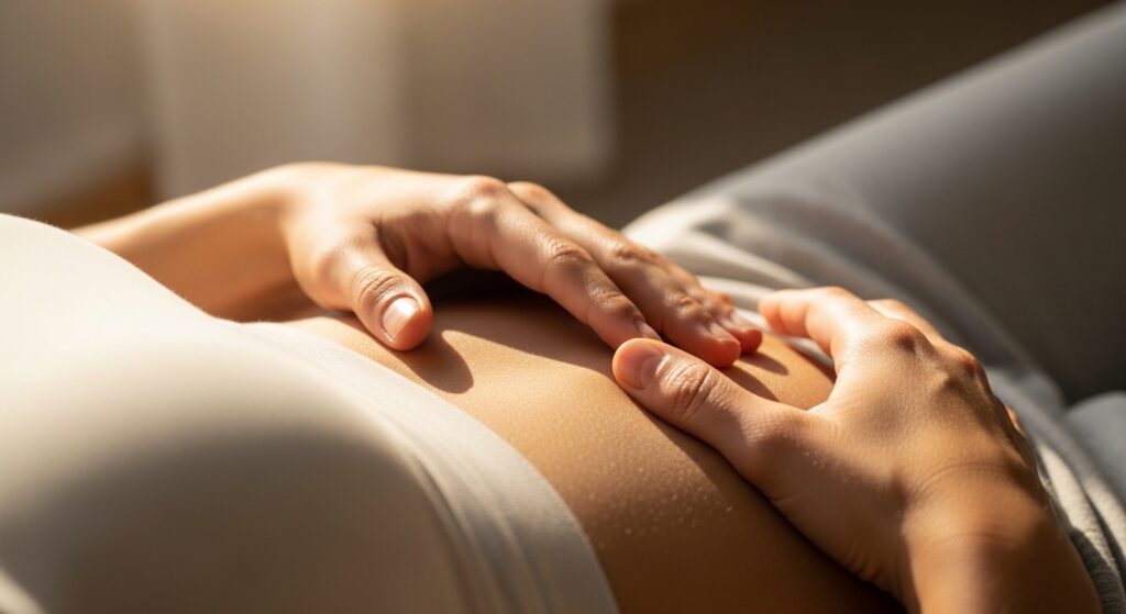 Femme posant ses mains sur son ventre dans un cadre apaisant.