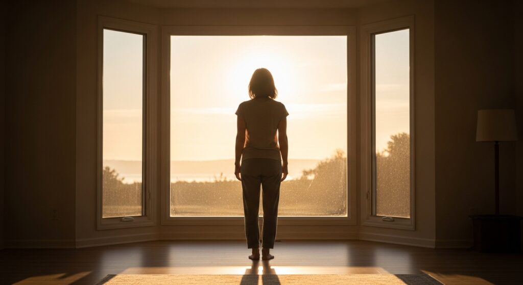 Une femme se tient debout devant une grande fenêtre, regardant le lever du soleil, dans un espace lumineux et paisible.
