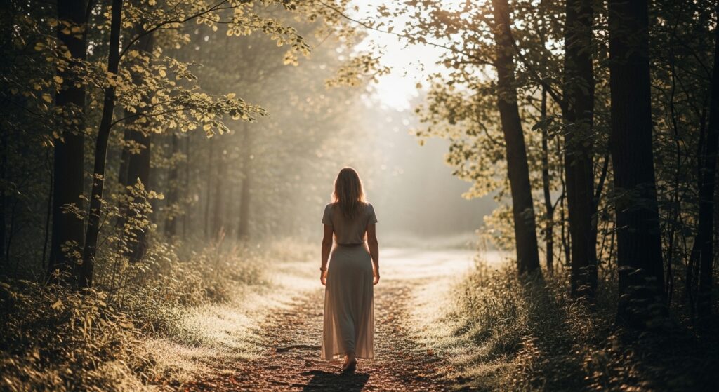 Femme marchant sur un chemin forestier baigné de lumière douce.
