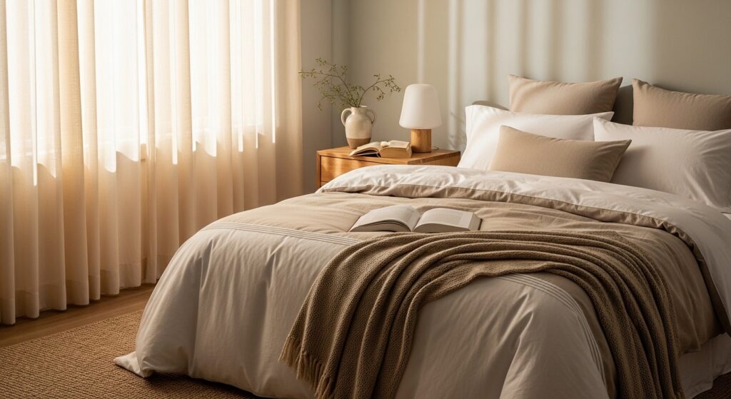 Chambre à coucher lumineuse avec literie beige, coussins et une lampe.