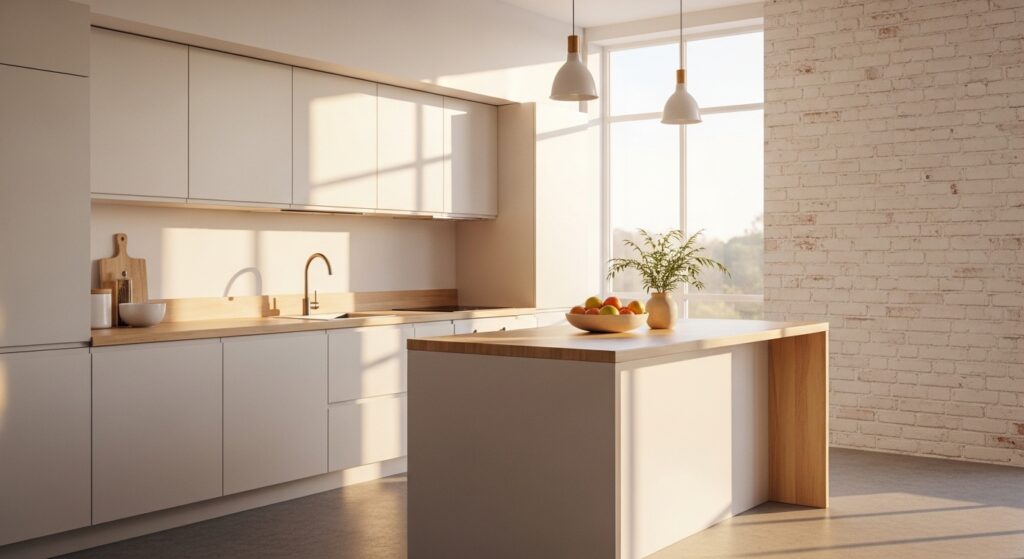 Intérieur d'une cuisine moderne et lumineuse avec un îlot central, une plante et des fruits.