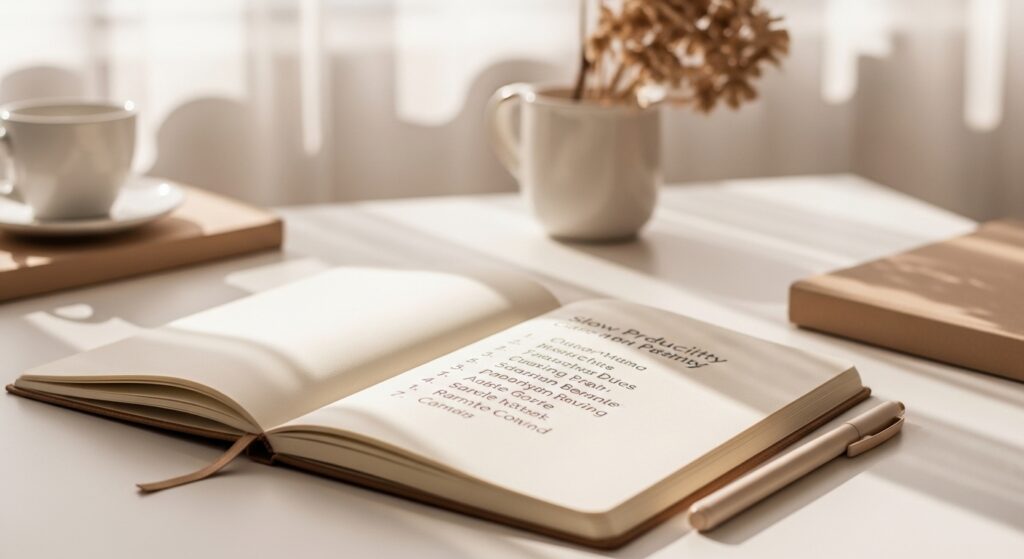 Un carnet ouvert avec une liste de tâches, accompagné d'une tasse de café et d'un livre sur une table.
